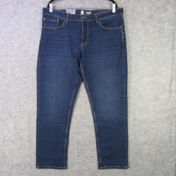 IZOD Jeans Mens 36x30 Dark Blue Saltwater Straight Fit Comfort Stretch Denim - Picture 1 of 10